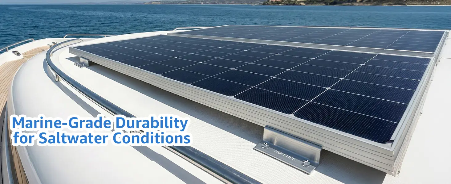 Solar panels fitted on a yacht deck with HULKNPE marine-grade mounting brackets