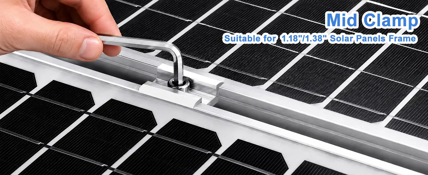 U30 mid clamp joining two adjacent solar panels on a rail