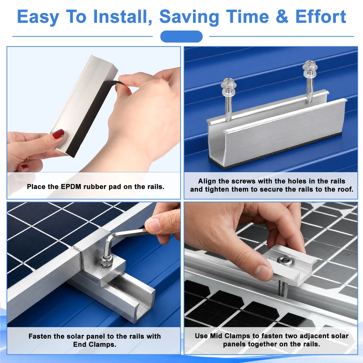 U30 rail kit installation in four steps — EPDM pad, rail fixing, end clamps, mid clamps