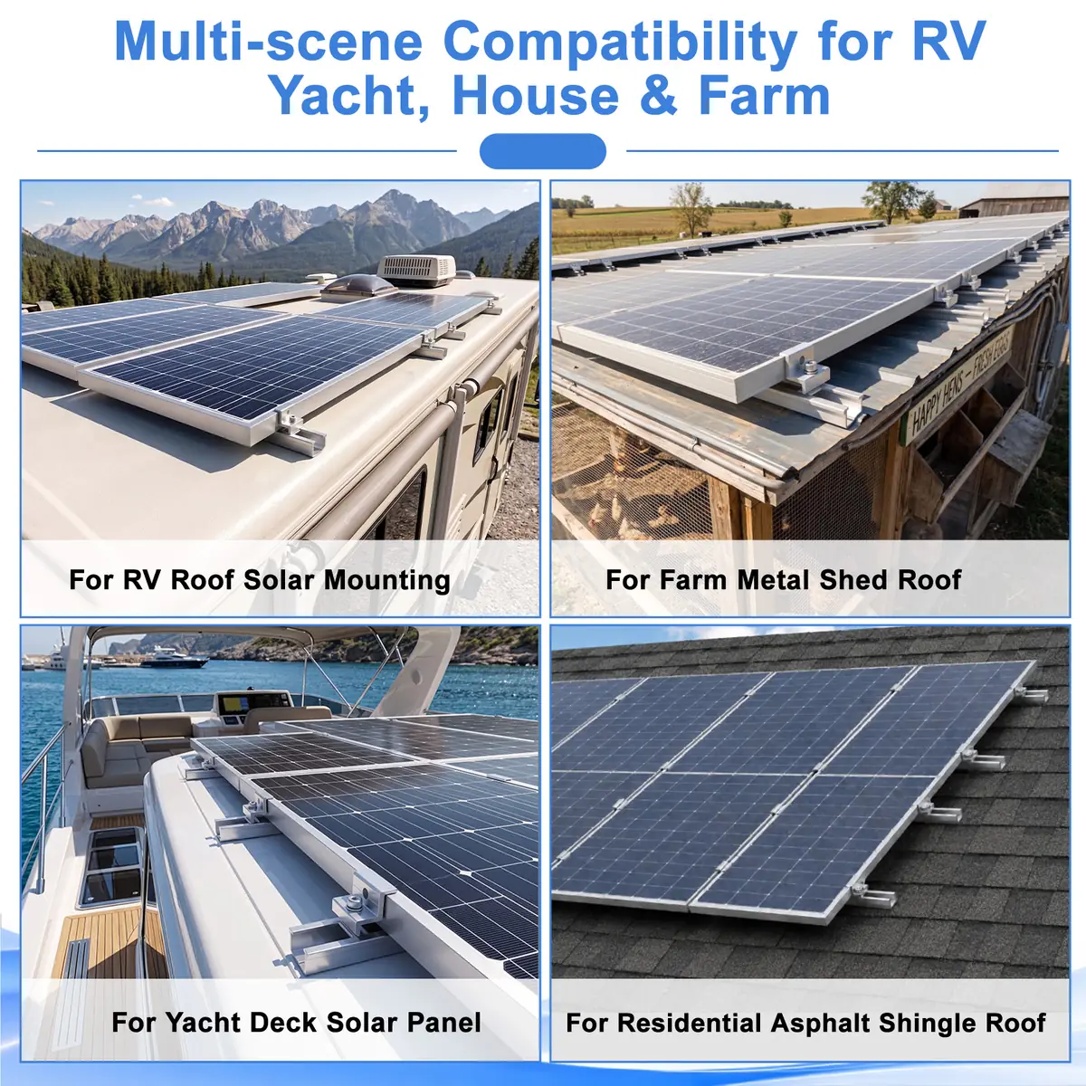 RV solar panel mounting brackets and U30 rail kit installed on RV roof, metal shed roof, yacht deck and shingle roof