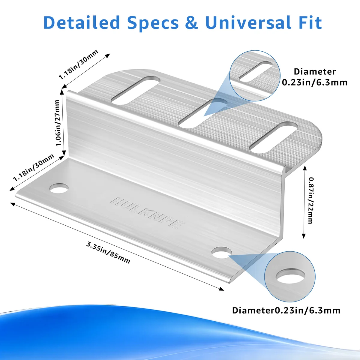 Z bracket dimensions — 3.35 in / 85 mm length, 1.18 in / 30 mm flanges, 1.06 in / 27 mm web, 6.3 mm slot and hole diameters